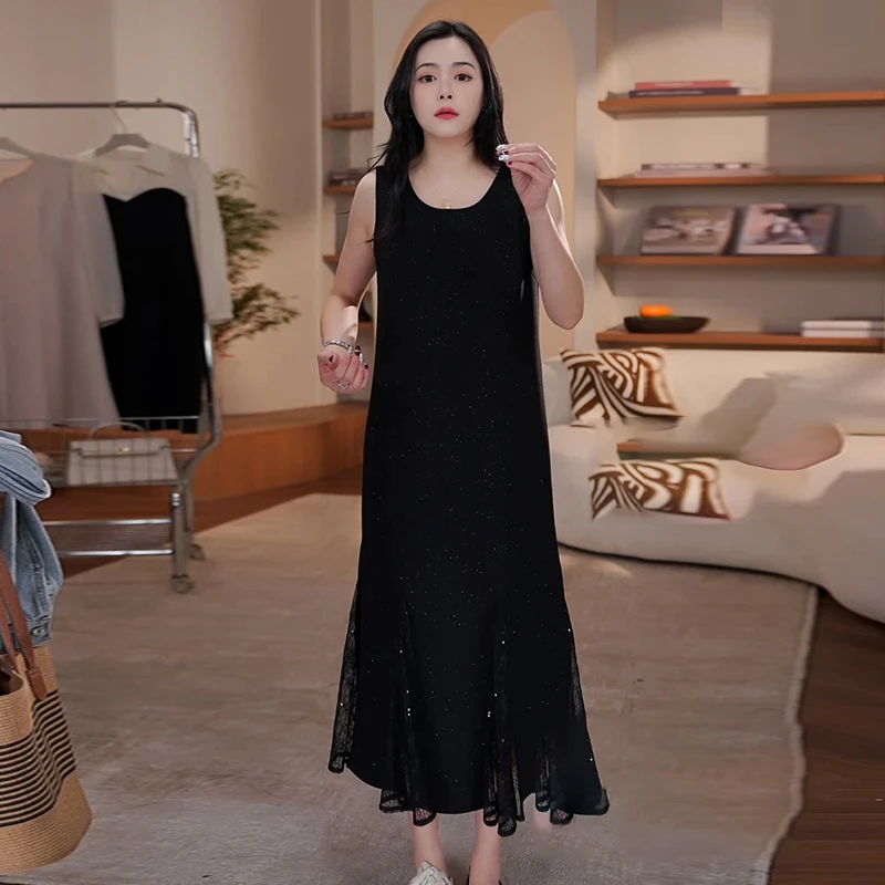 黑色蕾丝无袖连衣裙女2025春夏新款轻奢高级感宽松显瘦中长款裙子