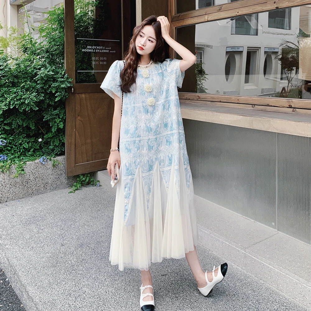 设计感纱网拼接泡泡袖晕染连衣裙女2025夏季新款法式立体花朵长裙