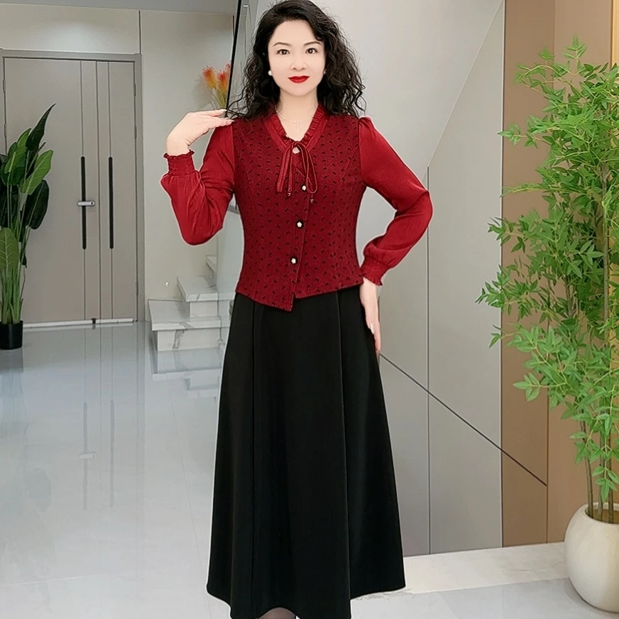 HB24早春款洋气休闲装红色拼接假两件修身长裙大码女士女装连衣裙