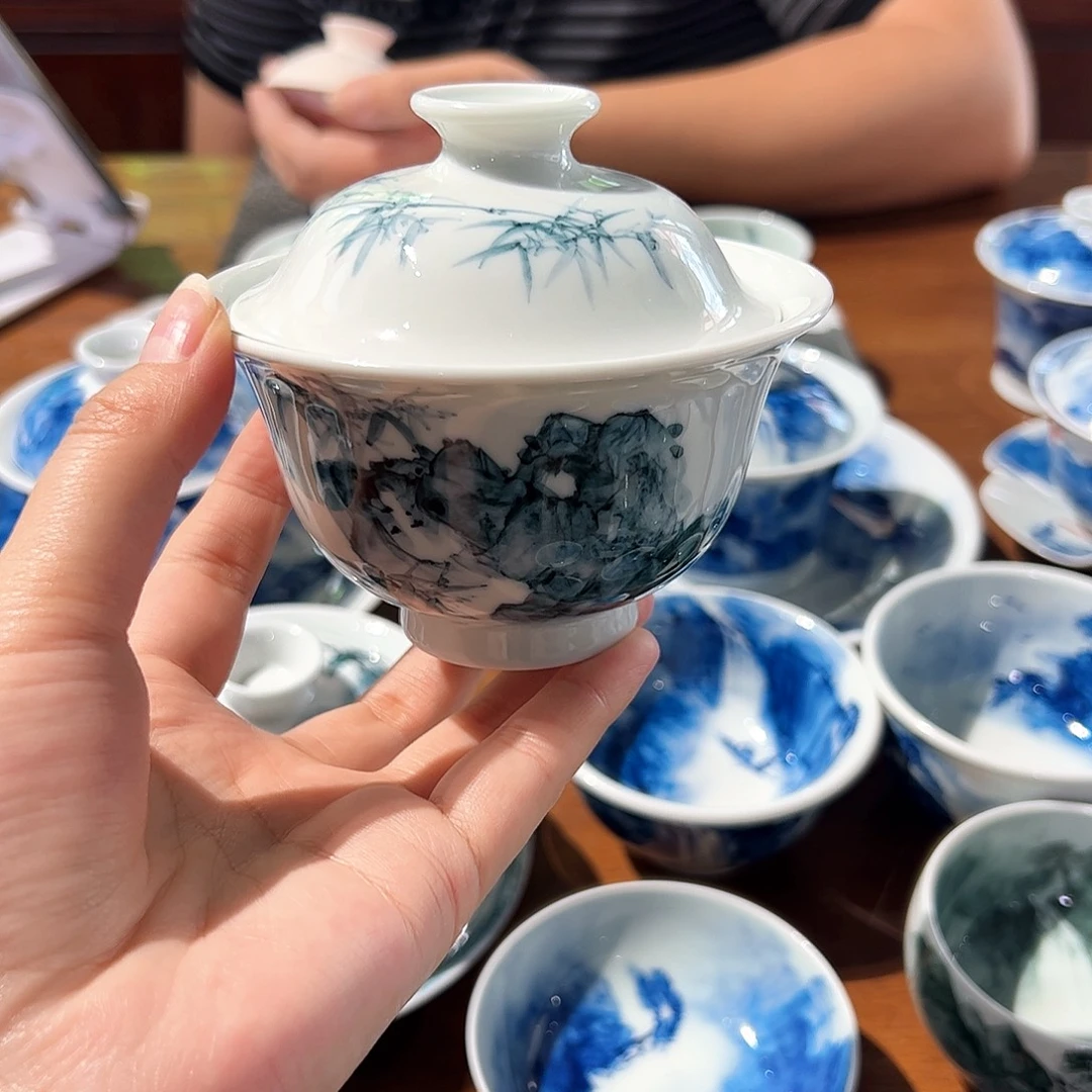 老***⁵青花手绘竹子盖碗