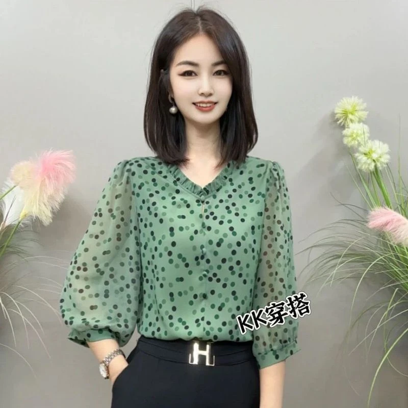 高档雪纺波点衬衫女2025春夏新款宽松显瘦轻薄时尚七分袖圆领上衣