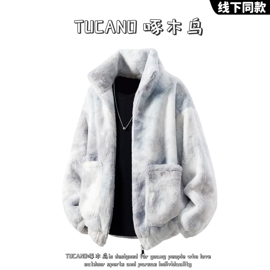 啄木鸟美式扎染棉衣男女羊羔绒冬季宽松立领棉袄加棉加厚棉服外套