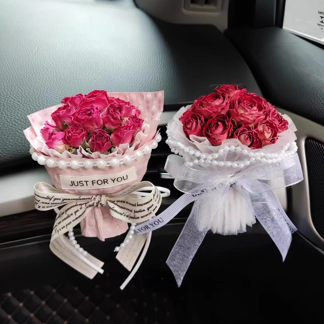 车载香薰空调出风口香水玫瑰干花束汽车装饰品摆件生日礼物小花束