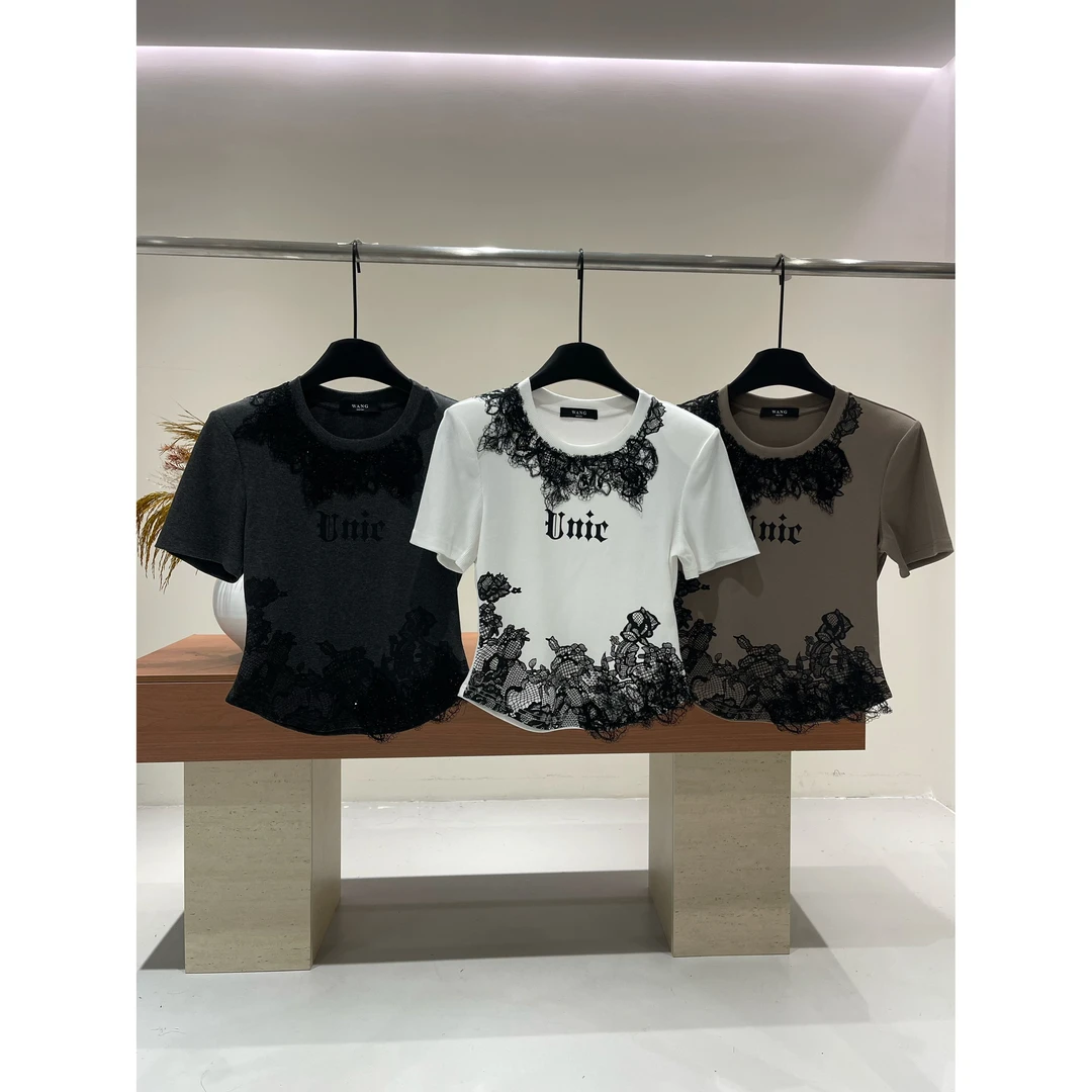 KIKI严选：259306-WANG家欧货南油洋气蕾丝短袖百搭高级感T恤