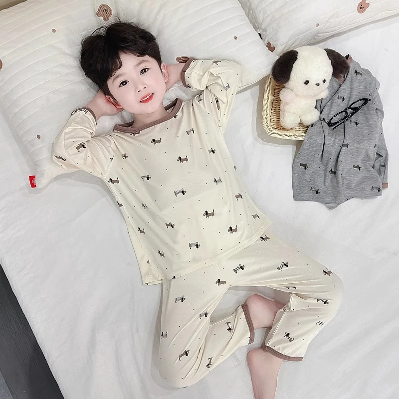 莫代尔男童睡衣春秋款2025新款薄款长袖空调服夏季儿童男孩家居服