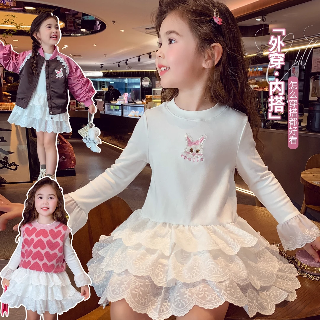 女童连衣裙秋装2025新款洋气儿童白色公主蛋糕裙小女孩长袖打底裙