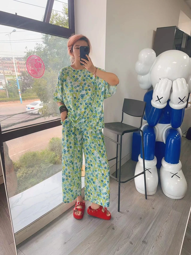 新蓝莓感棉绸年轻妈妈套装女2025夏季新款新中式国风长裤裤套装