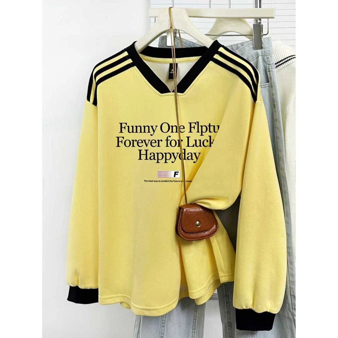 V领撞色拼接条杠卫衣女装2025秋冬季时尚慵懒风美式设计长袖上衣