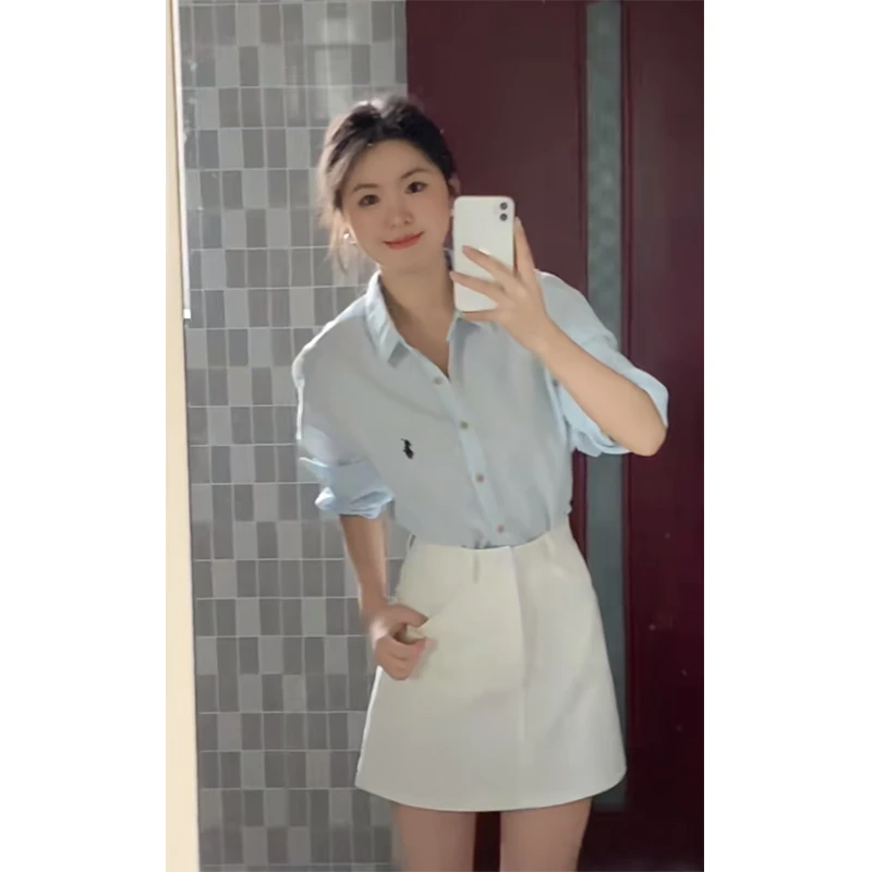 韩系新款休闲百搭时尚设计感蓝色长袖衬衫高腰修身显瘦a字半身裙