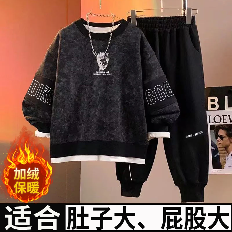 小胖墩胖男童加绒运动套装秋冬装中大童一体绒保暖卫衣纯棉两件套