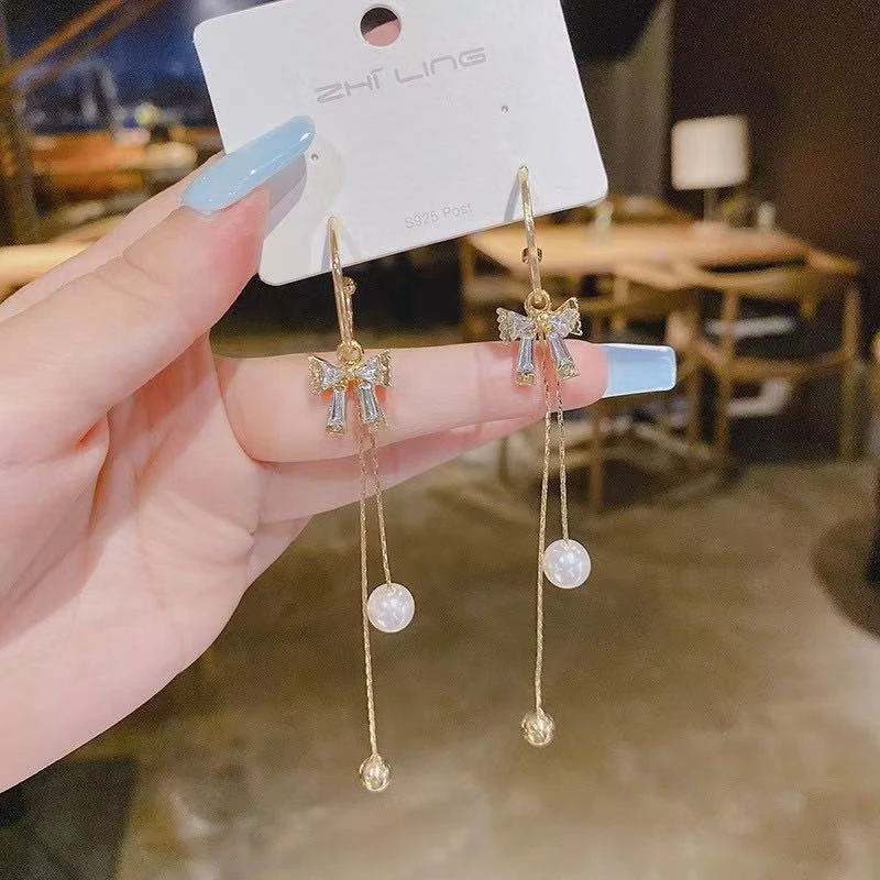 铜合金锆石耳饰 韩版长款水蝴蝶结流苏耳环耳钉女气质高级感百搭