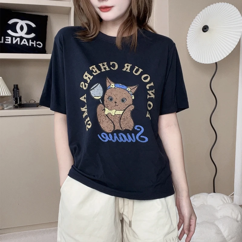 橘猫T恤 贵族蓝凉感莱赛尔天丝_圆领印花短袖夏季新款薄款上衣