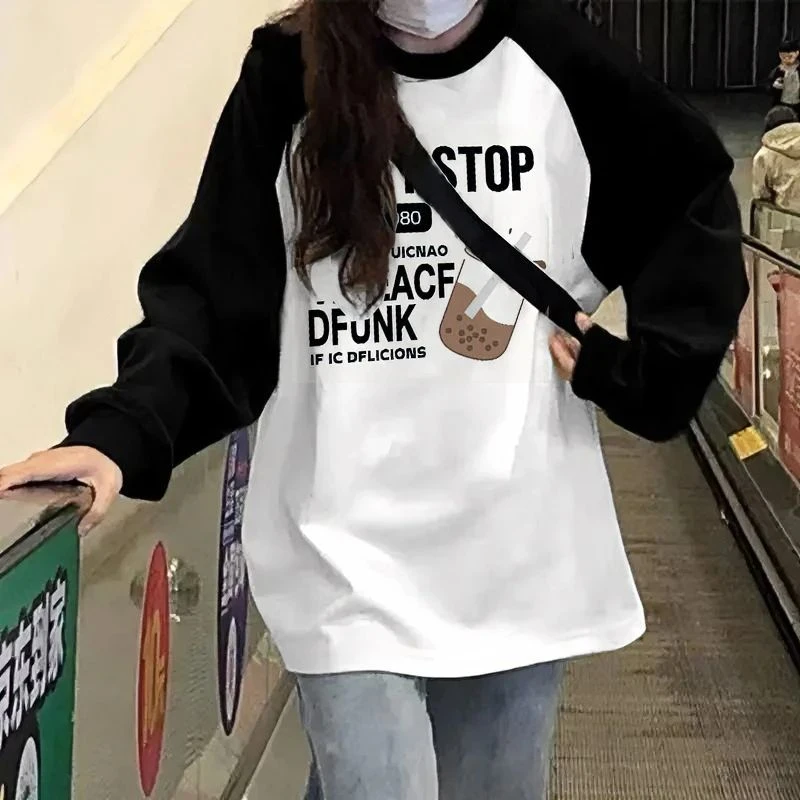 早春夏季黑白撞色插肩上衣女港风宽松显瘦长袖恤潮打底衫