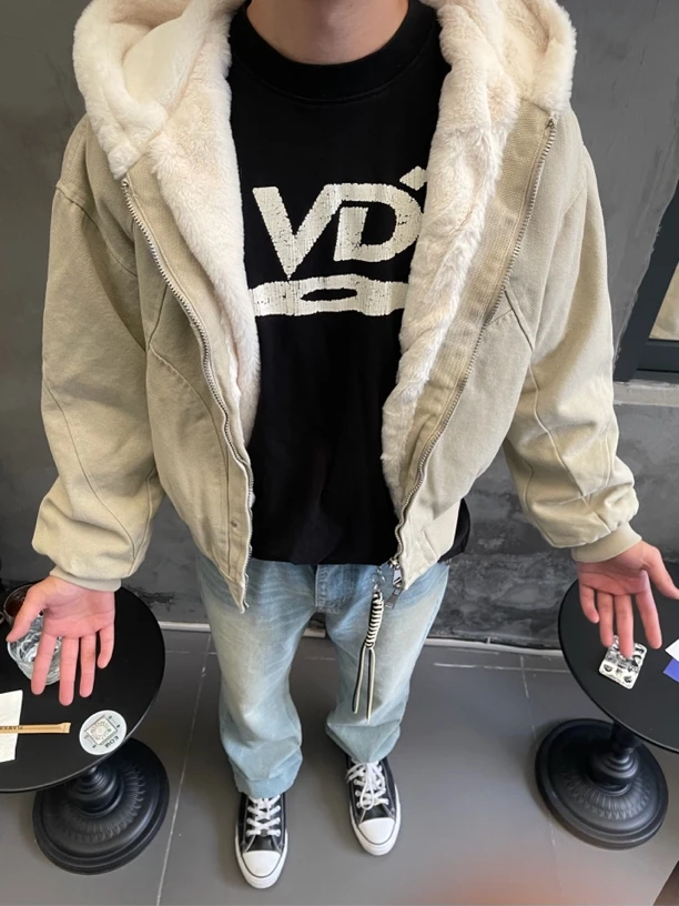 SAVE TODAY结构剪裁拼接座山雕仿兔绒冬季男女Boxy工装连帽外套潮