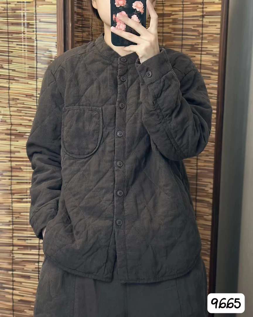 麻宛纪 希哦9665冬季新款时尚百搭洋气显瘦纯麻夹棉保暖棉服棉衣