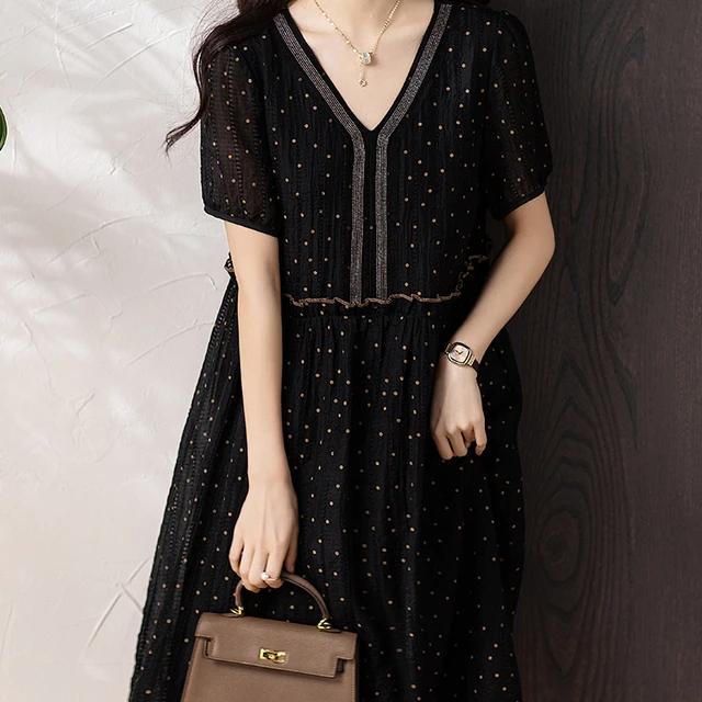 九月陌墨黑色波点V领天丝连衣裙女夏欧货宽松大码胖mm显瘦a字裙子