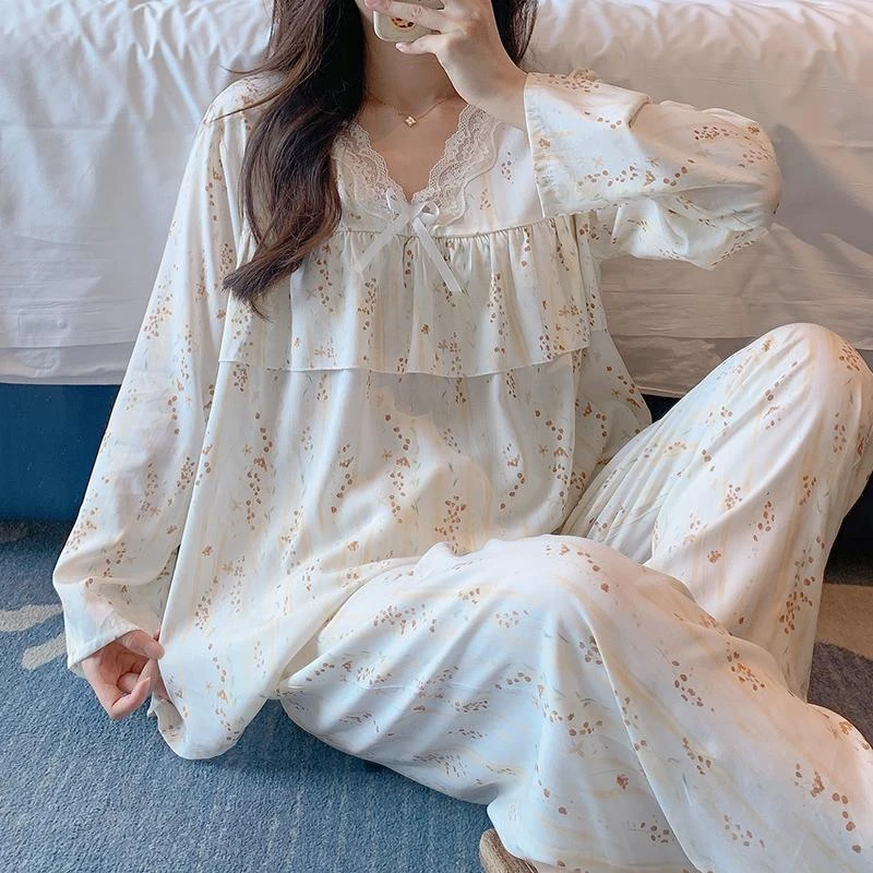 棉绸睡衣女春秋款防凸点韩版宽松可外穿家居服免穿内衣棉绸两件套