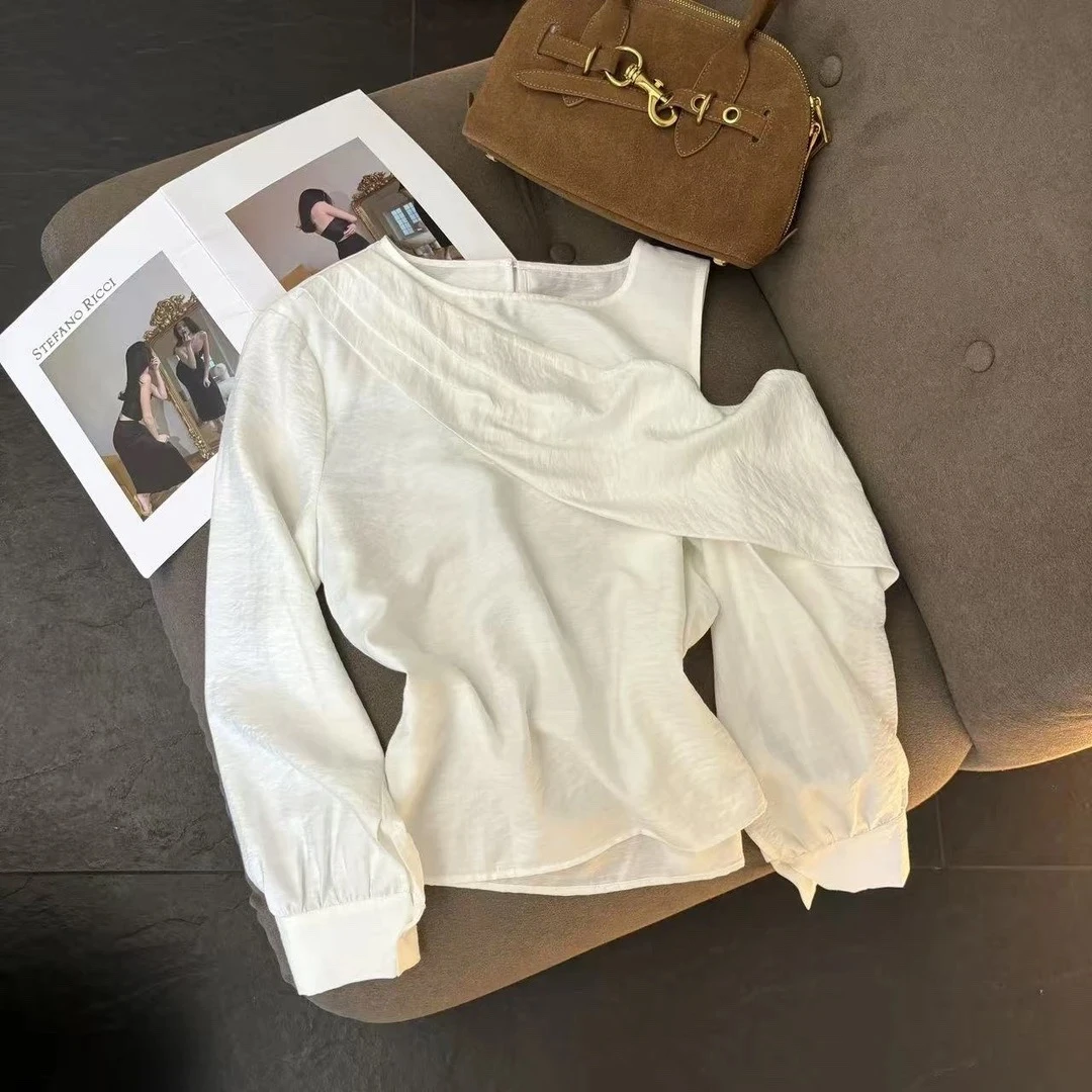 【Barbie Jingni】「粤语歌」 6110秋季法式不规则露肩长袖衬衫百搭