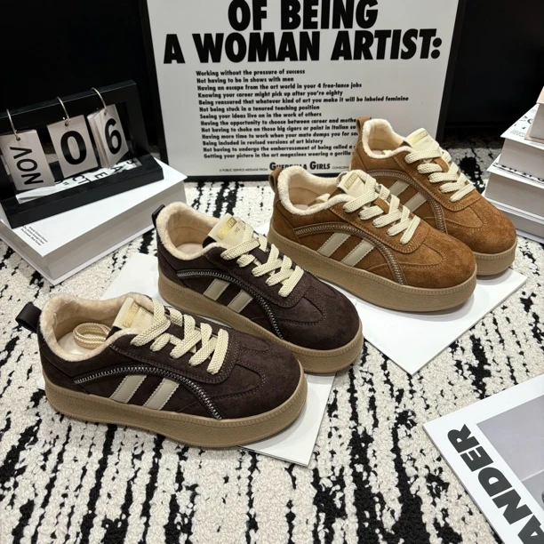 加绒美拉德绒面德训鞋2025秋冬百搭增高4公分厚底鞋休闲板鞋低帮