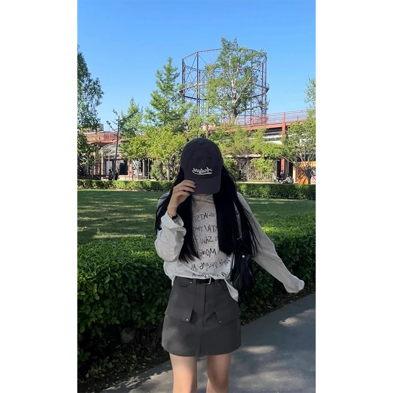 长袖印花字母圆领夏季新款薄T恤上衣百搭显瘦包臀工装裙短裙女