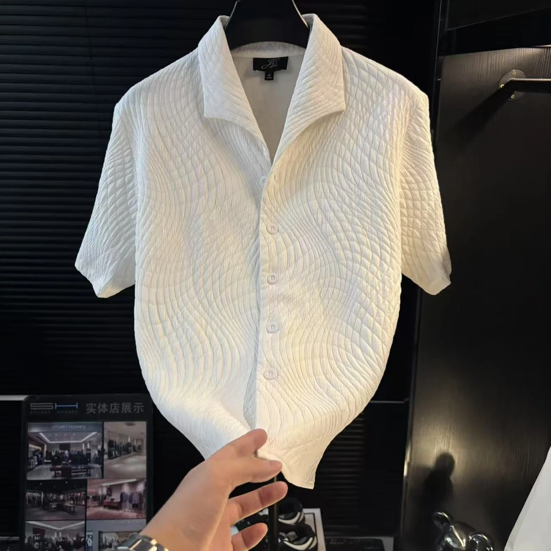 dan-海鸥领叶纹衬衫这种肌理提花翻领时尚休闲夏季百搭设计感