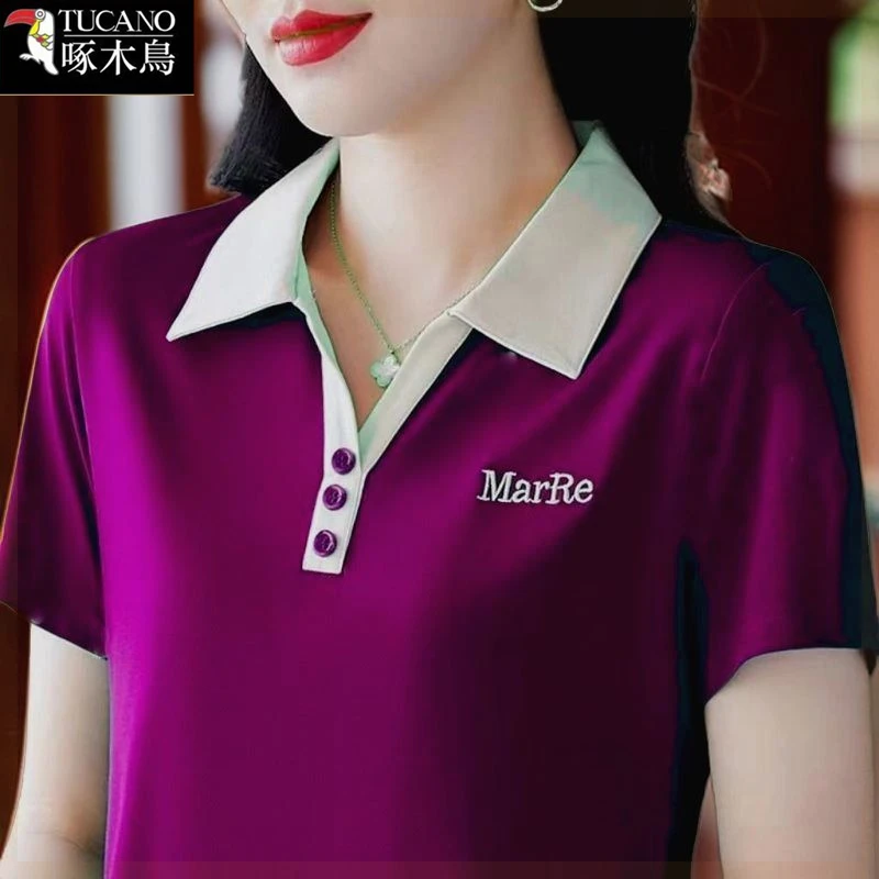 啄木鸟2025夏季薄款短袖百搭T恤新款女减龄翻领撞色拼接刺绣上衣