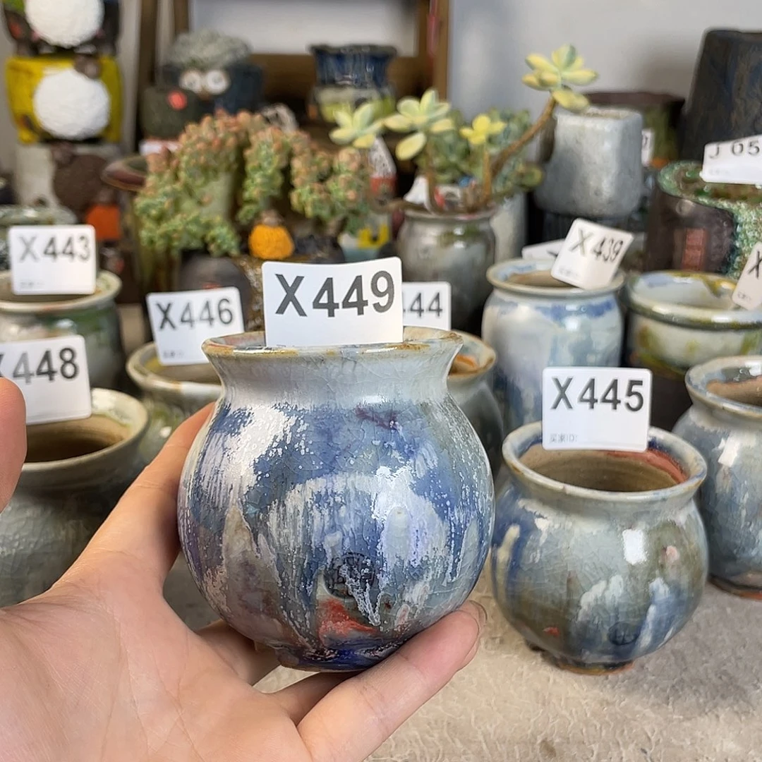 油画色釉小陶罐外口6.5高8