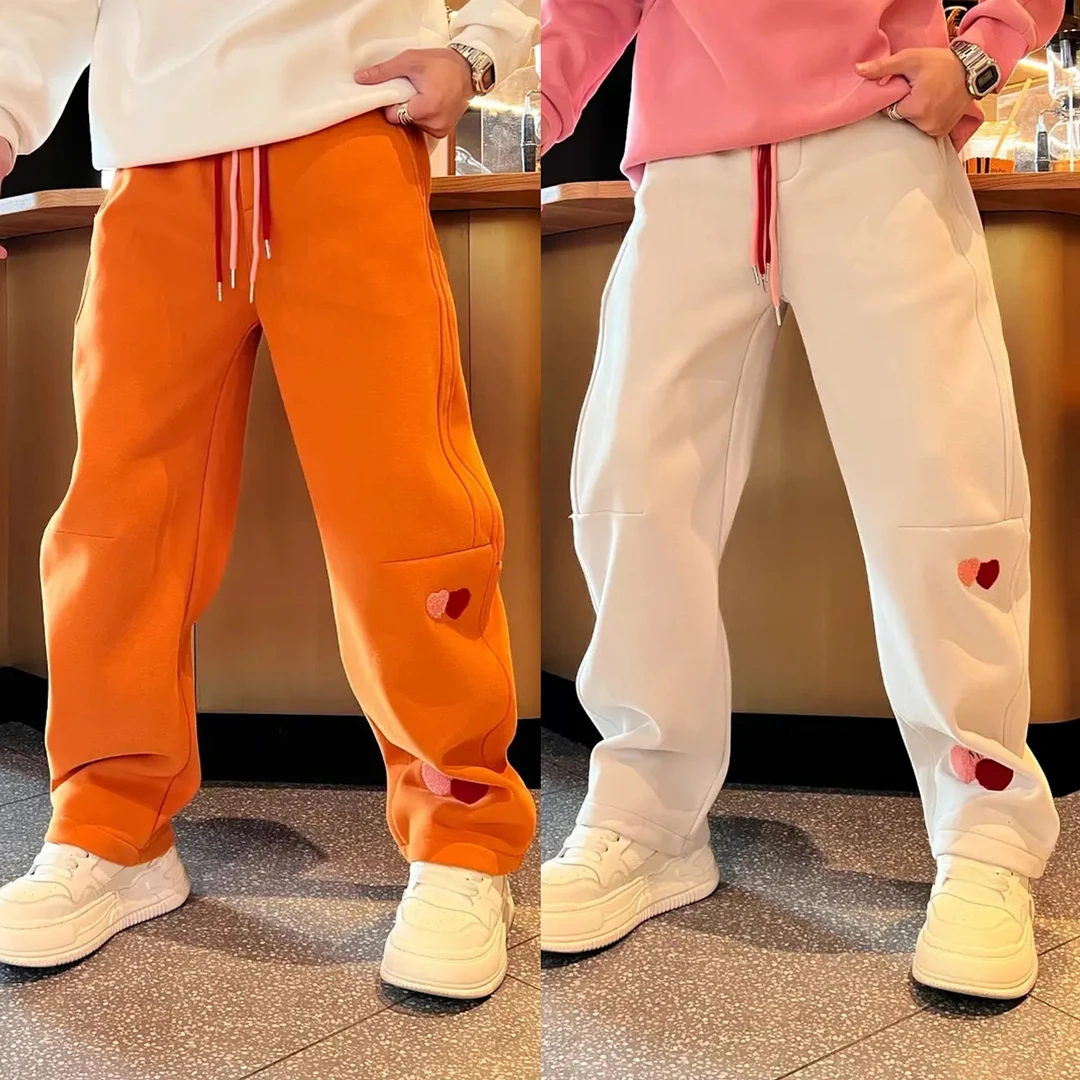 冬季加绒加厚植绒贴布撞色抽绳休闲裤男士潮流时尚百搭宽松直筒裤