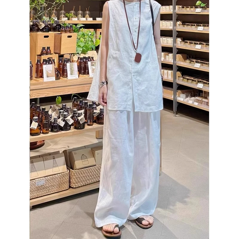 韩系简约松弛感亚麻套装女夏季出游穿搭白色无袖衬衫阔腿裤两件套