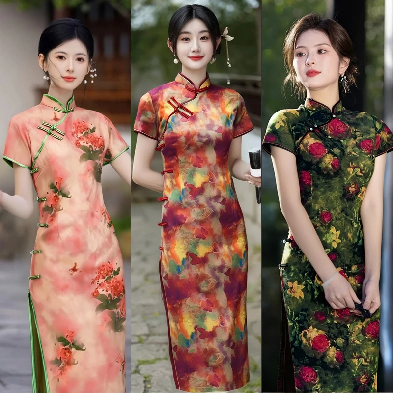 长旗袍长款显年轻新中式花色盘扣侧八扣高考送考日常夏2025年新款