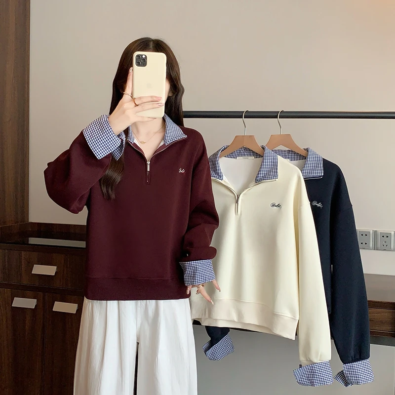 2025秋装新款胖mm大码女休闲百搭减龄刺绣拼接条纹卫衣上衣36123