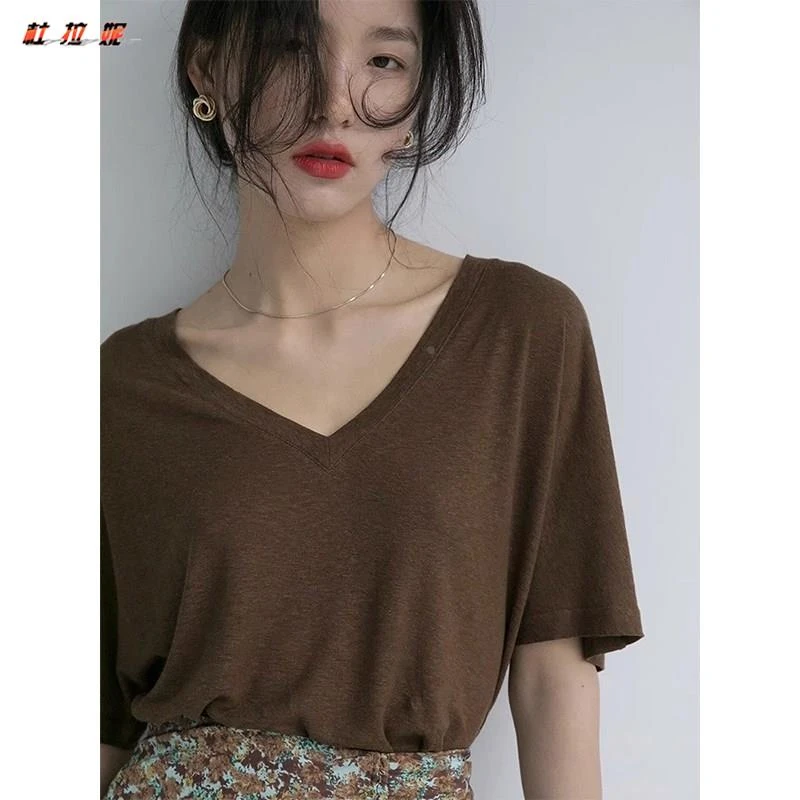 杜拉妮法式大领口正肩短袖T恤女款夏季宽松半袖深V领体恤棉麻低领