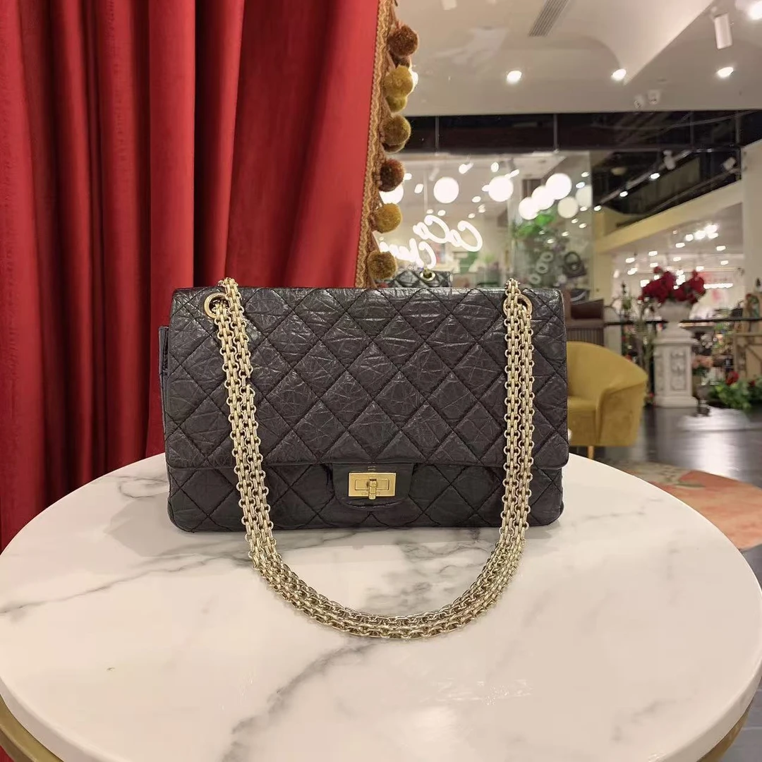 95新 Chanel/香奈儿 GGS香奈儿2.55中号黑金油蜡牛皮单39873578