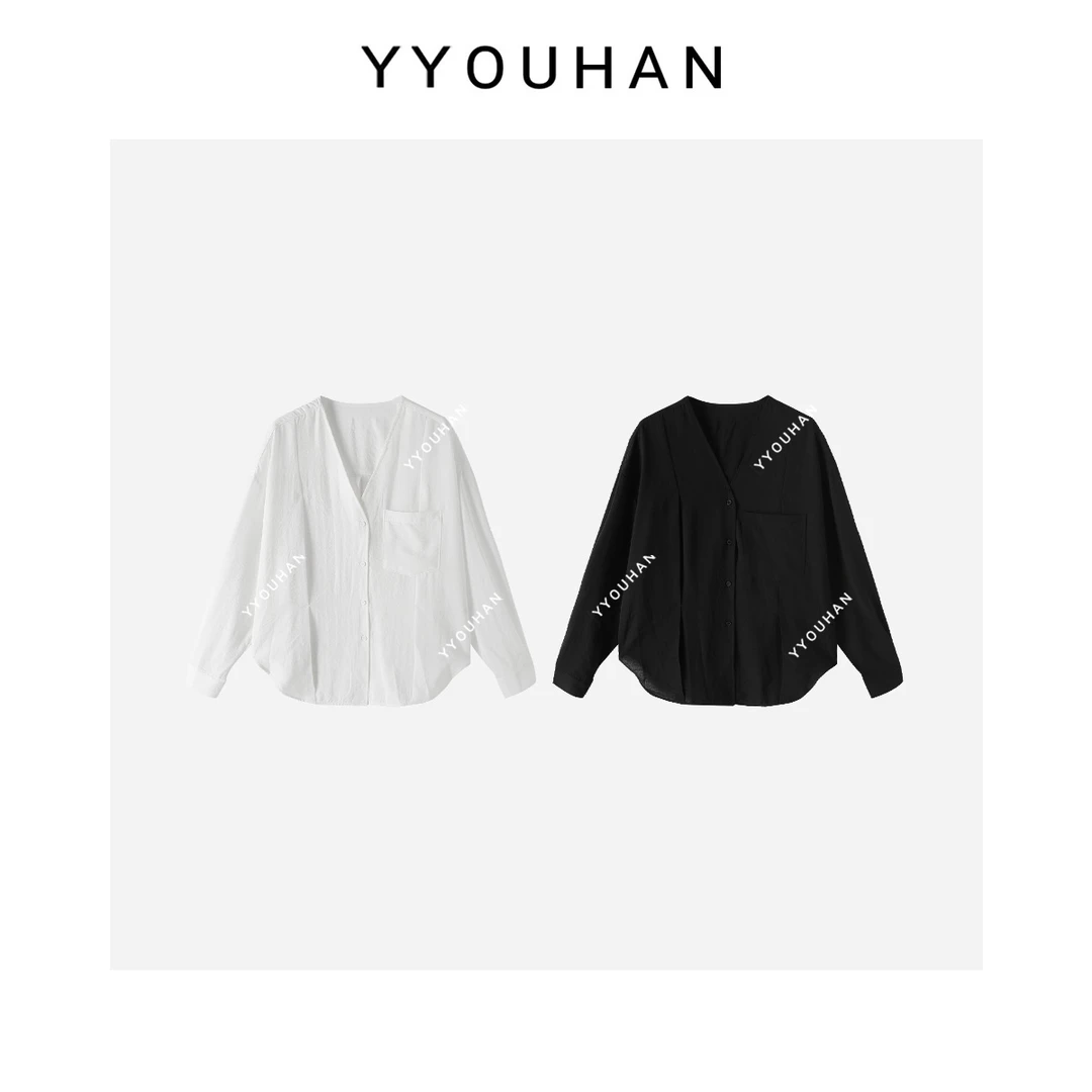 2025春款小众设计休闲百搭V领钉褶长袖衬衫 2403B795