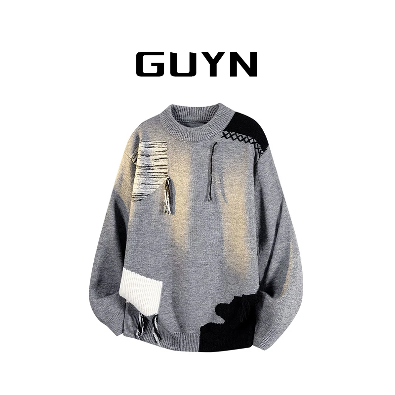 【品牌正品现货】GUYN圆领毛衣男秋冬小众针织衫男士加厚保暖毛线衣