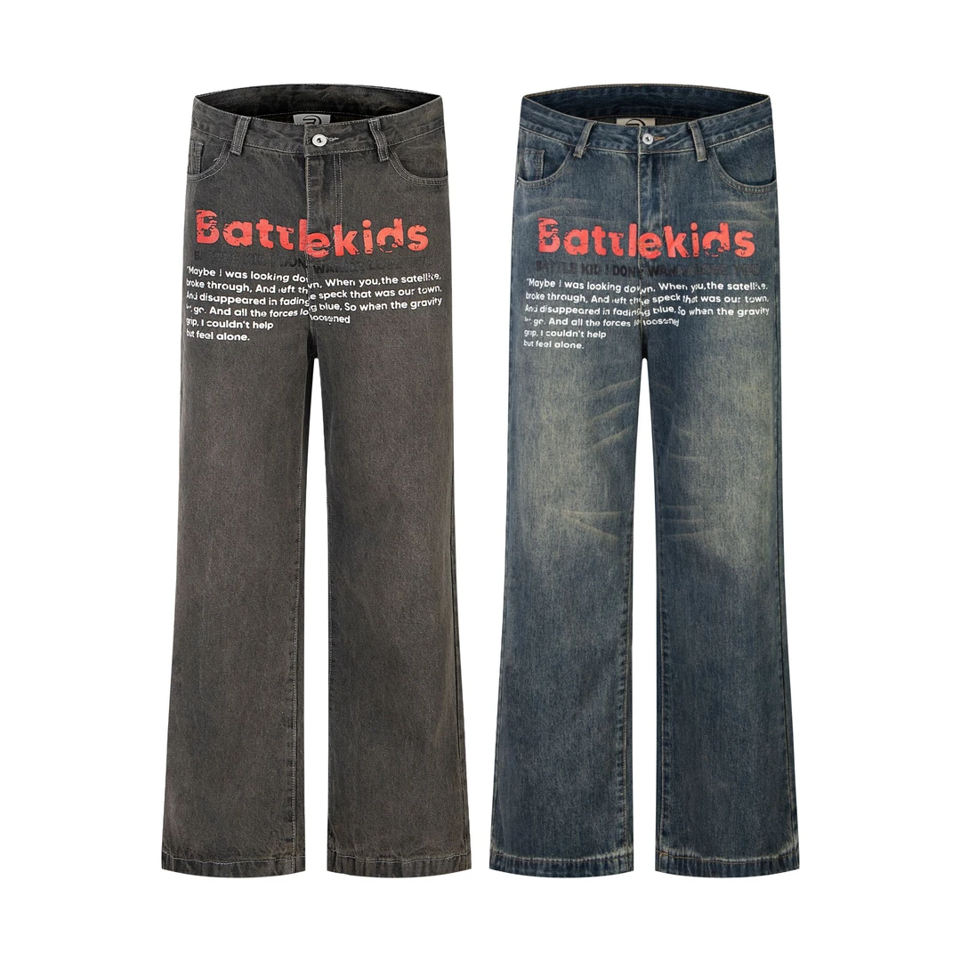 Amer 国潮美式街头复古字母印花高街水洗做旧直筒牛仔裤宽松百搭