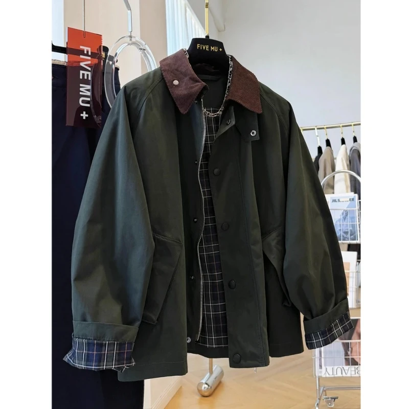 300斤加大码格子拼接宽松夹克2025秋冬新款复古休闲男女翻领外套