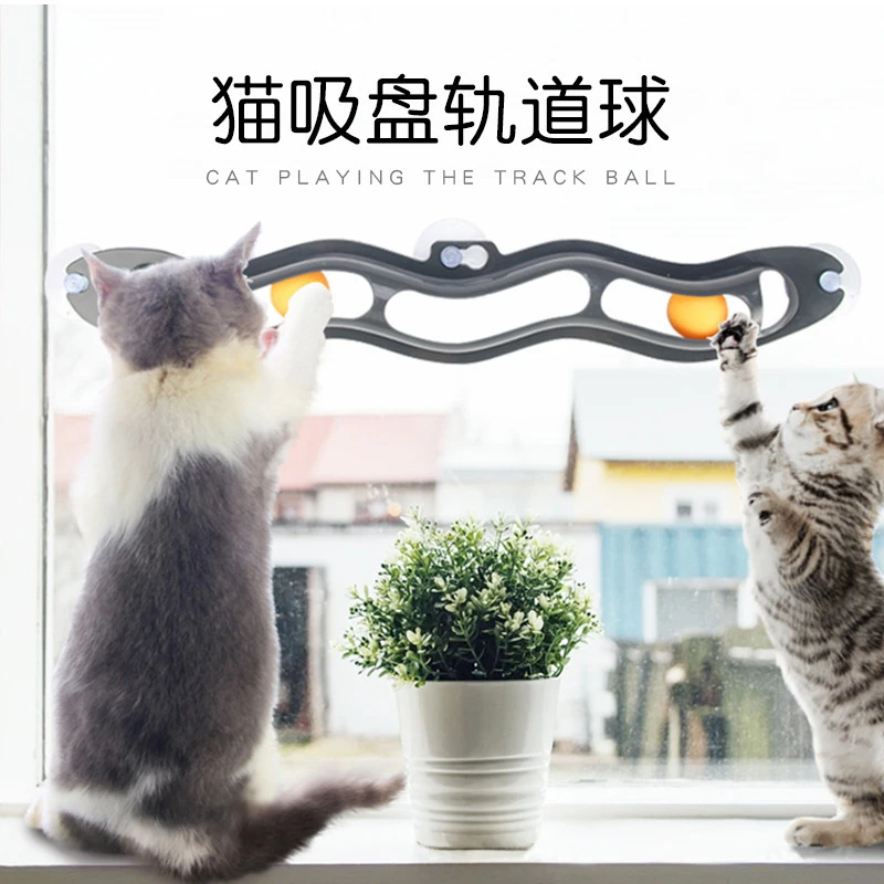 新品窗台墙壁猫轨道 解闷自嗨 吸盘波浪型乒乓球轨道球猫玩具