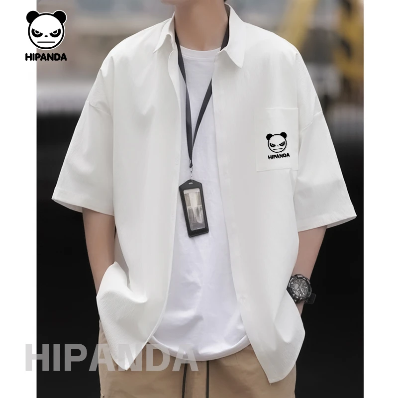 HiPanda港风复古短袖衬衣男士夏季简约白色宽松透气外套男款衬衫