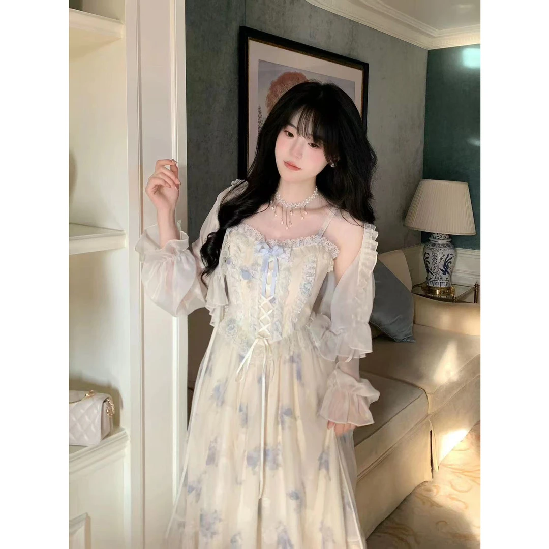 Blovelan花落绊歌 温柔甜美印花网纱拼接蕾丝花边吊带连衣裙新款