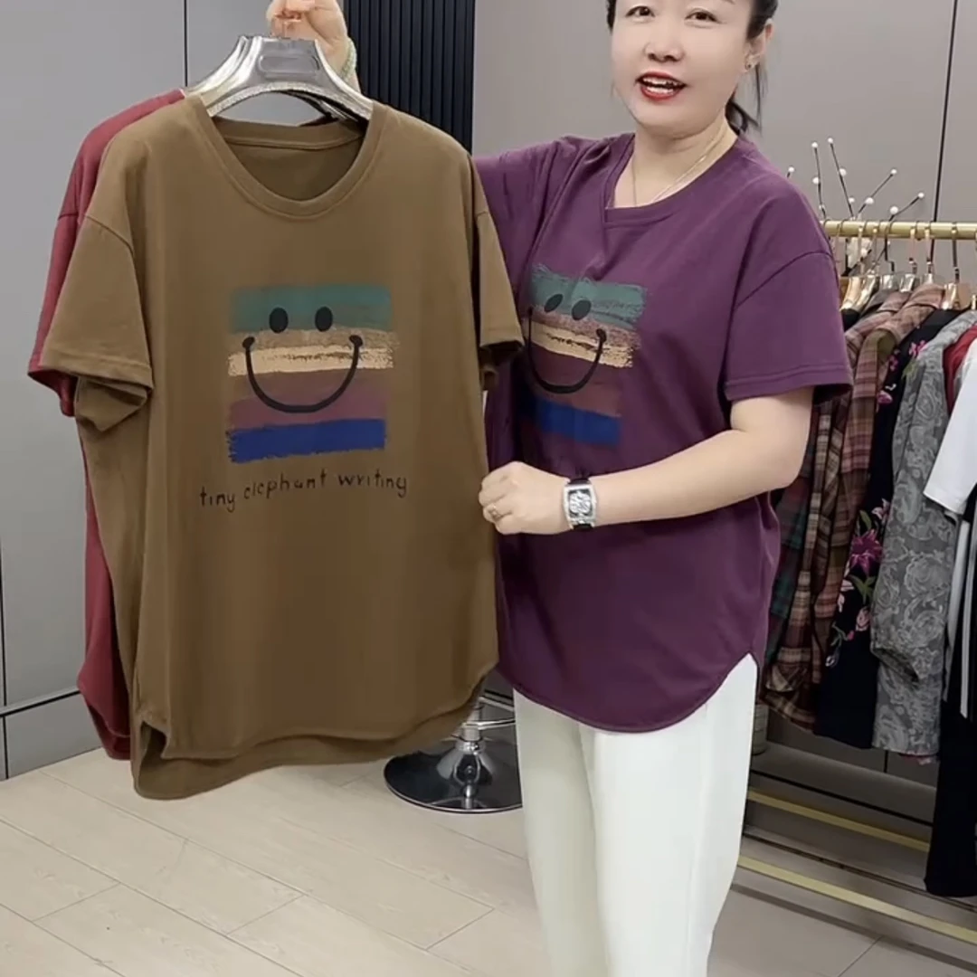 2699*大码时尚圆领宽松休闲韩版显瘦笑脸图案短袖