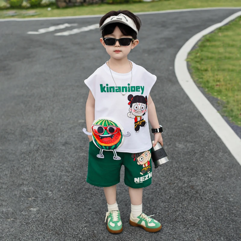 哪吒衣服男童夏季套装2025新款帅气时髦宝宝短袖背心儿童夏日穿搭
