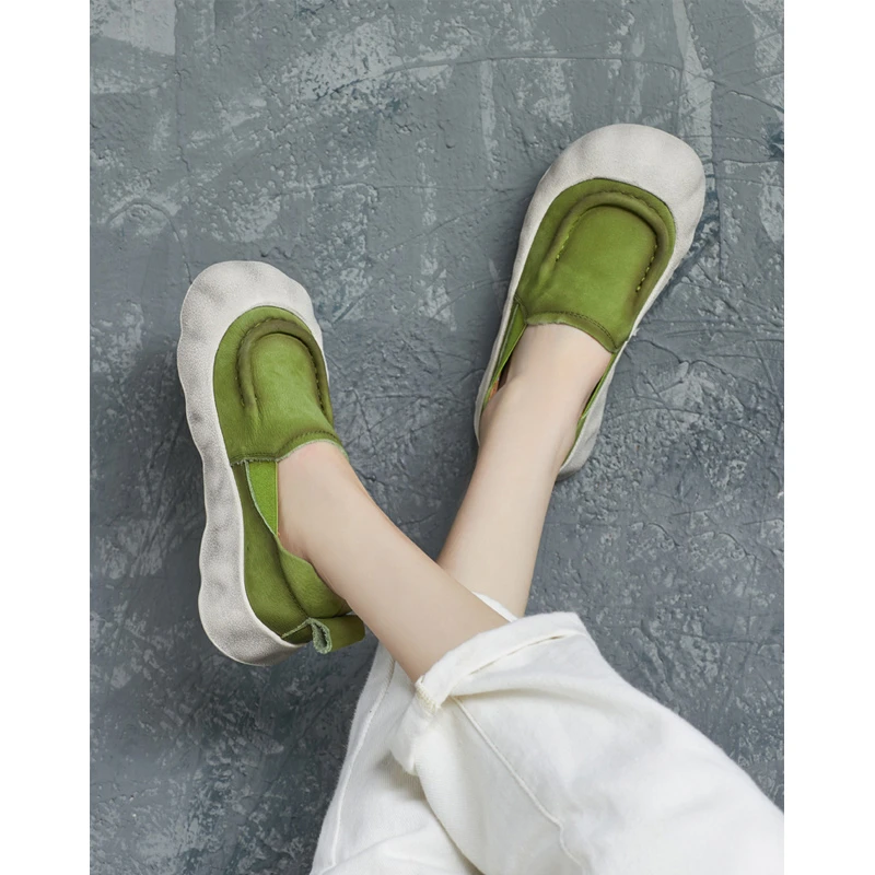 2025春季新款风真皮手工圆头松紧平跟套脚单鞋大头娃娃鞋