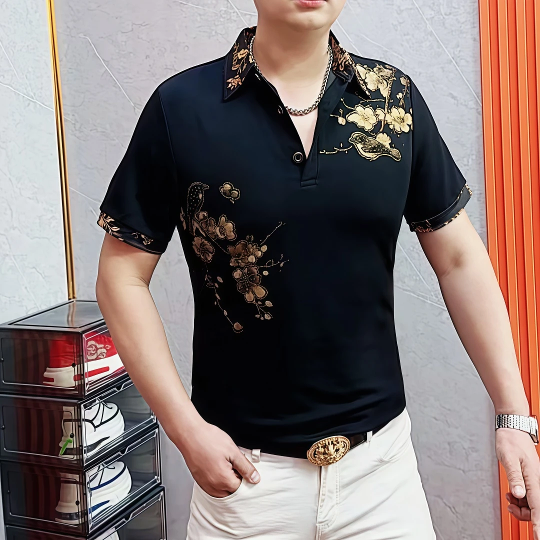 阿伟家男士夏季上衣薄款商务休闲翻领男个性花鹊休闲免烫Polo衫