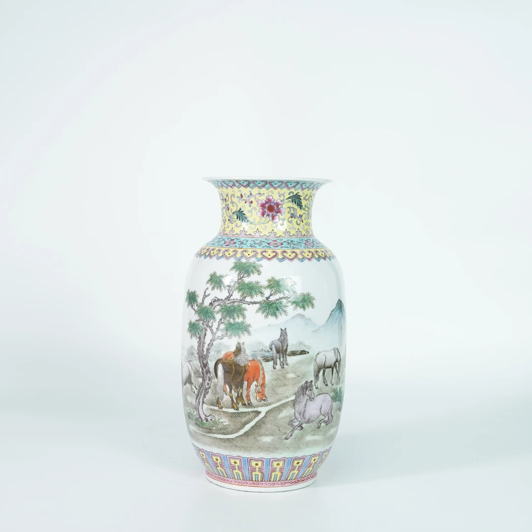 LWH251201001【十竹斋】民国八骏图珐琅彩灯笼瓶