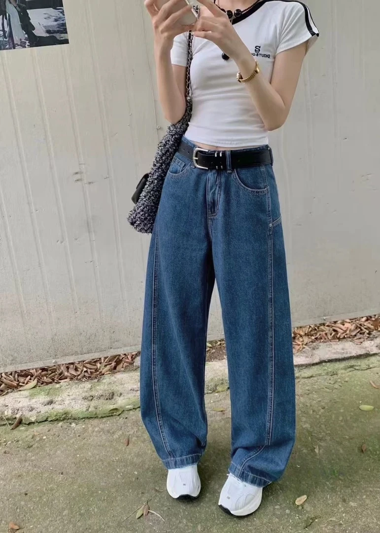 6827-3-阔腿牛仔裤女2025夏高腰松弛感慵懒风直筒长裤
