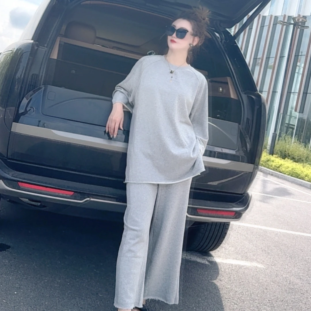 洋气慵懒风圈棉侧开衩休闲套装