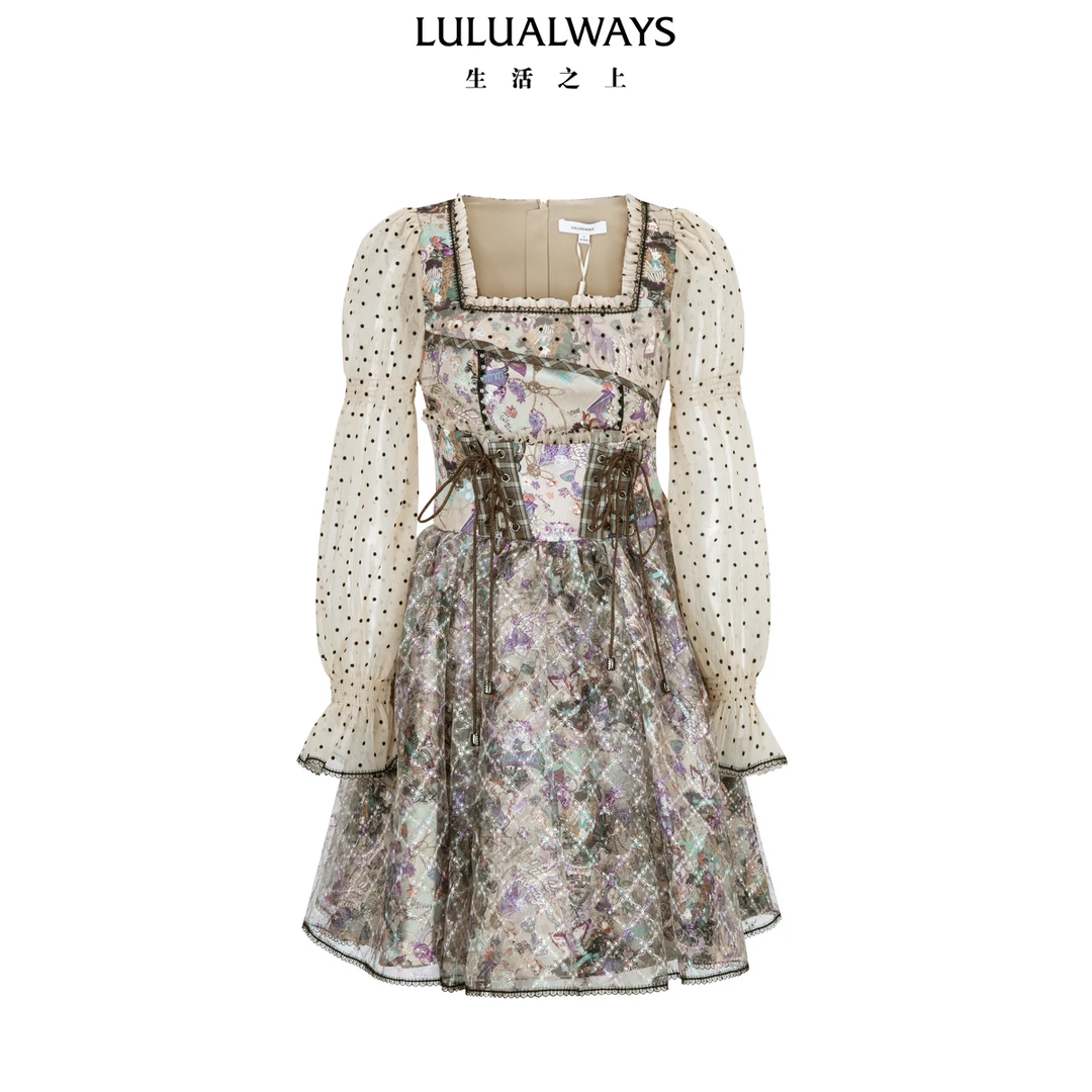 LULUALWAYS【商场同款】25春季新款浪漫优雅方领提花刺绣连衣裙女