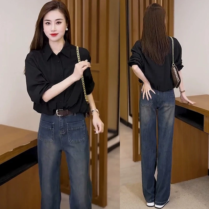 短袖牛仔套装女2024春秋洋气长袖衬衫穿搭阔腿牛仔直筒裤子两件套