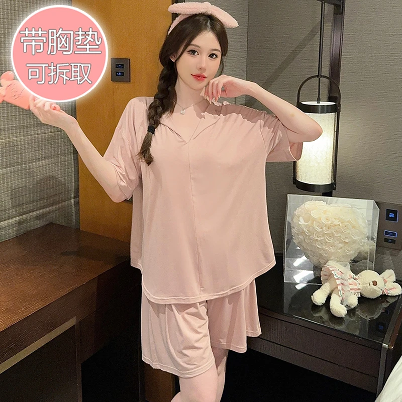 2025新款睡衣女夏季带胸垫莫代尔纯色200斤大码可外穿家居服套装